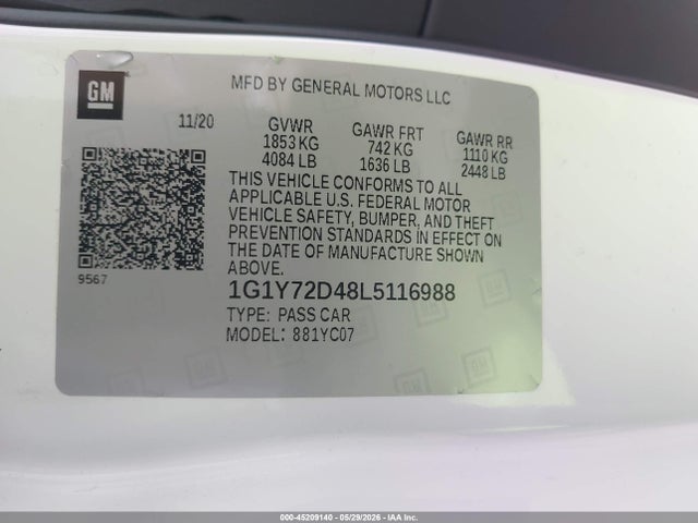 Aukcja sprzedaży 2020 Chevrolet Corvette Stingray Rwd  2lt, vin: 1G1Y72D48L5116988, numer aukcji: 45209140
