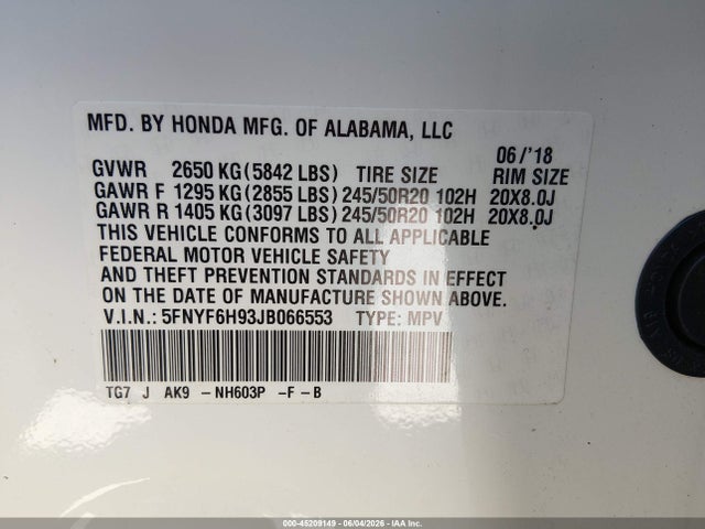 Honda Pilot Touring 2018 5FNYF6H93JB066553 Image 9