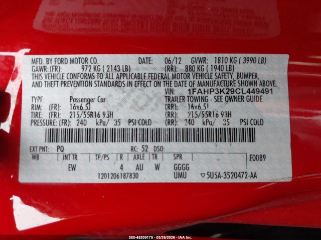2012 Ford Focus Se მანქანა იყიდება აუქციონზე, vin: 1FAHP3K29CL449491, აუქციონის ნომერი: 45209175