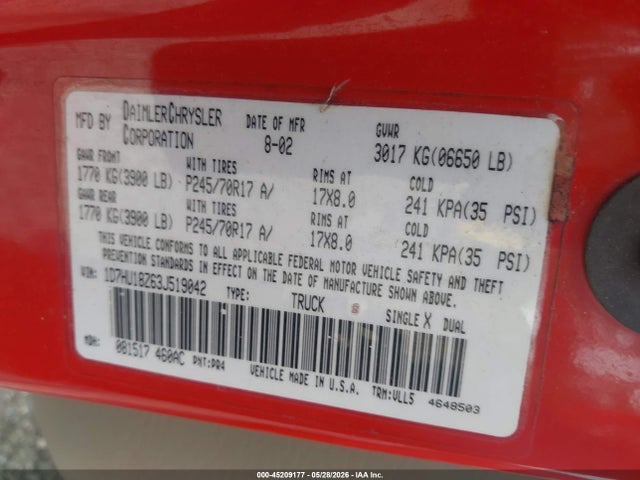 45209177 :رقم المزاد ، 1D7HU18Z63J519042 vin ، 2003 Dodge Ram 1500 Slt/laramie/st مزاد بيع