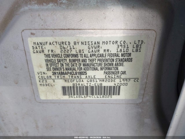 Aukcja sprzedaży 2012 Nissan Sentra 2.0 S, vin: 3N1AB6AP4CL618025, numer aukcji: 45209182