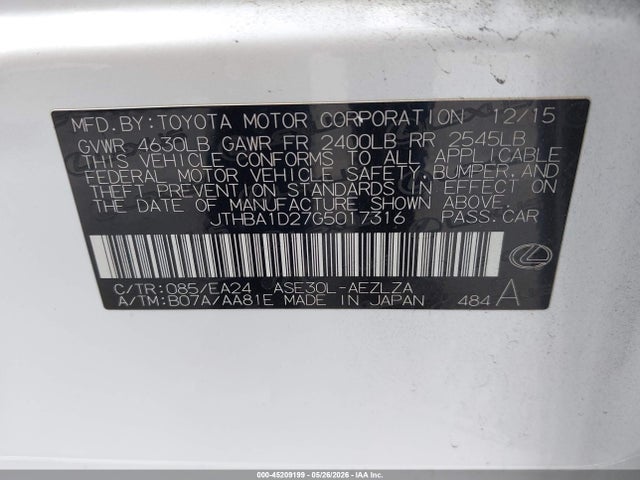 45209199 :رقم المزاد ، JTHBA1D27G5017316 vin ، 2016 Lexus Is 200t مزاد بيع