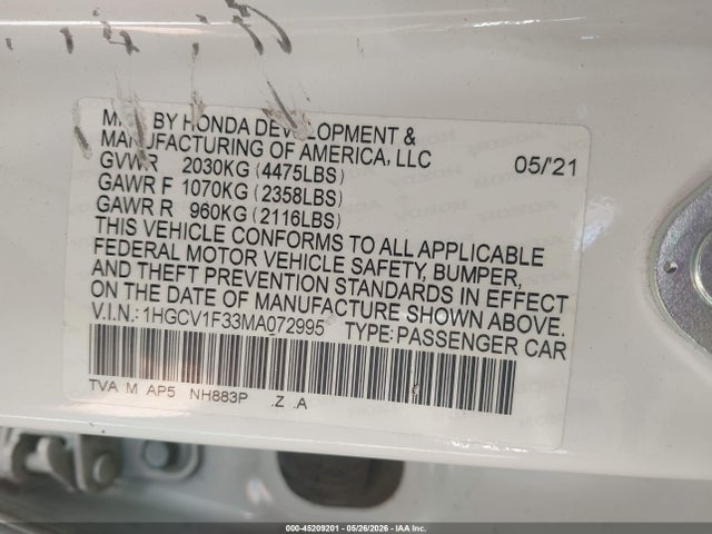 2021 Honda Accord Sport მანქანა იყიდება აუქციონზე, vin: 1HGCV1F33MA072995, აუქციონის ნომერი: 45209201