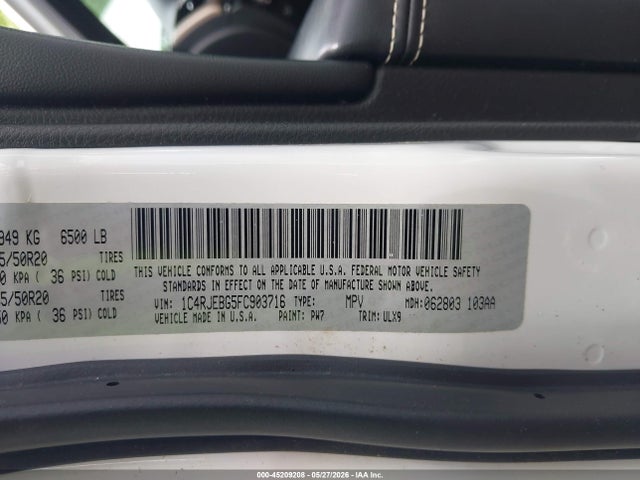2015 Jeep Grand Cherokee Limited მანქანა იყიდება აუქციონზე, vin: 1C4RJEBG5FC903716, აუქციონის ნომერი: 45209208