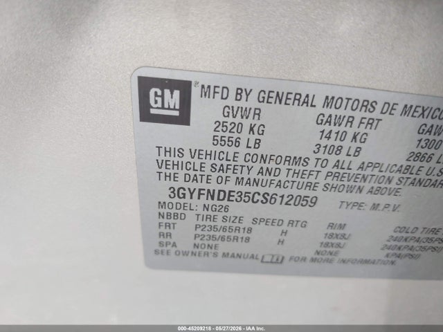 Auction sale of the 2012 Cadillac Srx Luxury Collection, vin: 3GYFNDE35CS612059, lot number: 45209218