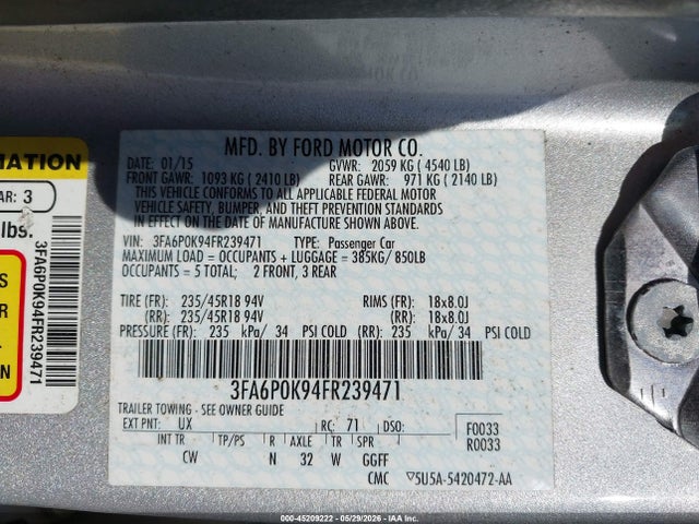 Продаж на аукціоні авто 2015 Ford Fusion Titanium, vin: 3FA6P0K94FR239471, номер лоту: 45209222