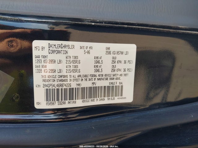 2006 Chrysler Town & Country Touring მანქანა იყიდება აუქციონზე, vin: 2A4GP54L46R874226, აუქციონის ნომერი: 45209223
