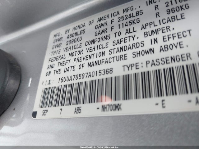 Aukcja sprzedaży 2007 Acura Tl Type S, vin: 19UUA76597A015368, numer aukcji: 45209226