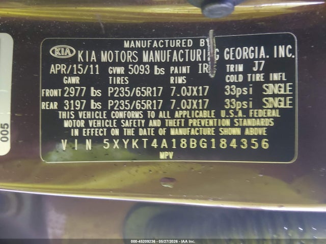 Aukcja sprzedaży 2011 Kia Sorento Lx, vin: 5XYKT4A18BG184356, numer aukcji: 45209236