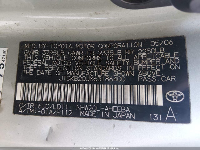 45209244 :رقم المزاد ، JTDKB20UX63186400 vin ، 2006 Toyota Prius مزاد بيع