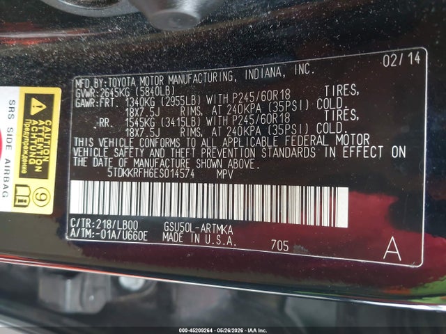 Aukcja sprzedaży 2014 Toyota Highlander Xle V6, vin: 5TDKKRFH6ES014574, numer aukcji: 45209264