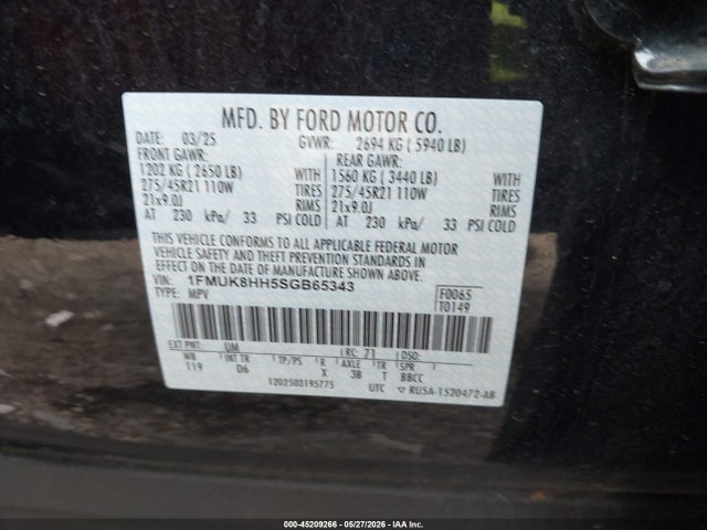 2025 Ford Explorer Platinum მანქანა იყიდება აუქციონზე, vin: 1FMUK8HH5SGB65343, აუქციონის ნომერი: 45209266