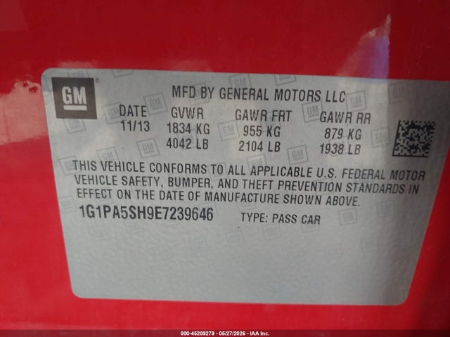 2014 Chevrolet Cruze Ls Auto მანქანა იყიდება აუქციონზე, vin: 1G1PA5SH9E7239646, აუქციონის ნომერი: 45209279