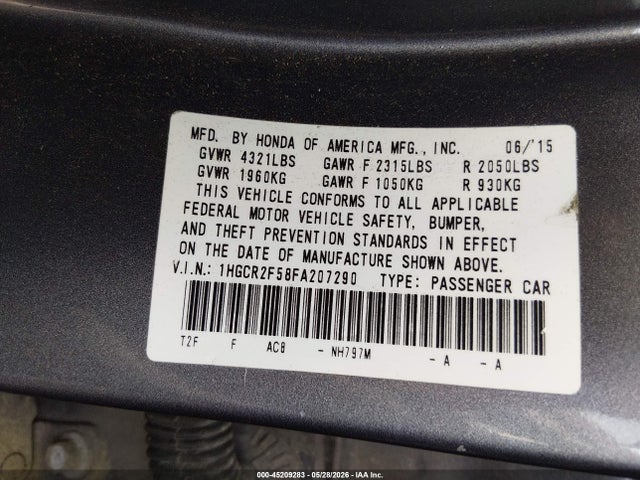 Продаж на аукціоні авто 2015 Honda Accord Sport, vin: 1HGCR2F58FA207290, номер лоту: 45209283
