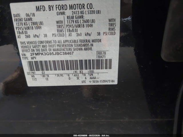 45209298 :رقم المزاد ، 2FMPK3G95JBC38467 vin ، 2018 Ford Edge Se مزاد بيع