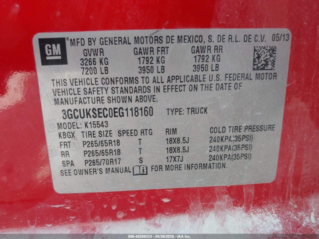 Aukcja sprzedaży 2014 Chevrolet Silverado 1500 2lz, vin: 3GCUKSEC0EG118160, numer aukcji: 45209323
