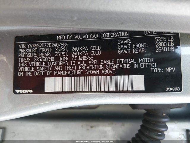 45209327 :رقم المزاد ، YV4952DZ2D2407564 vin ، 2013 Volvo Xc60 3.2 Premier مزاد بيع