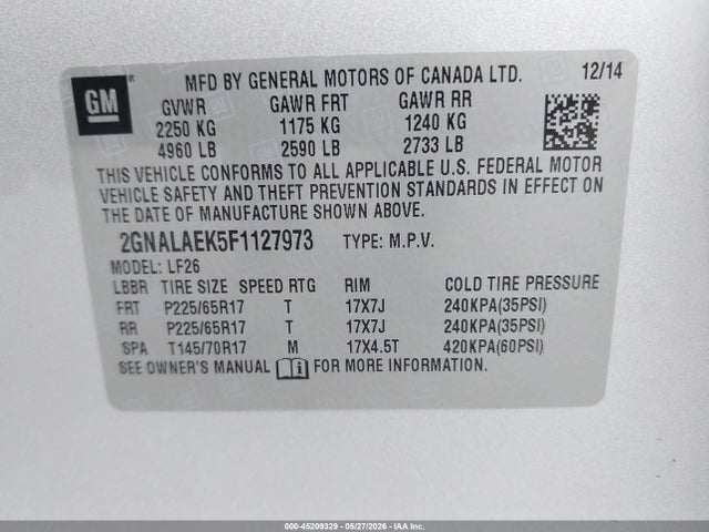 Aukcja sprzedaży 2015 Chevrolet Equinox Ls, vin: 2GNALAEK5F1127973, numer aukcji: 45209329