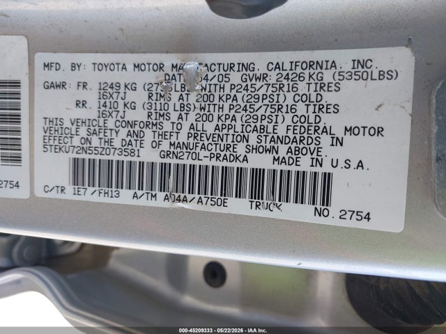 2005 Toyota Tacoma Prerunner V6 მანქანა იყიდება აუქციონზე, vin: 5TEKU72N55Z073581, აუქციონის ნომერი: 45209333