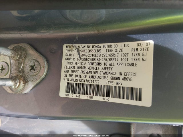 45209353 :رقم المزاد ، JHLRE38317C044772 vin ، 2007 Honda Cr-v Lx مزاد بيع