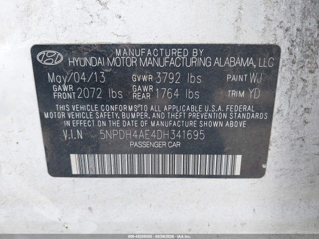 Aukcja sprzedaży 2013 Hyundai Elantra Gls, vin: 5NPDH4AE4DH341695, numer aukcji: 45209355