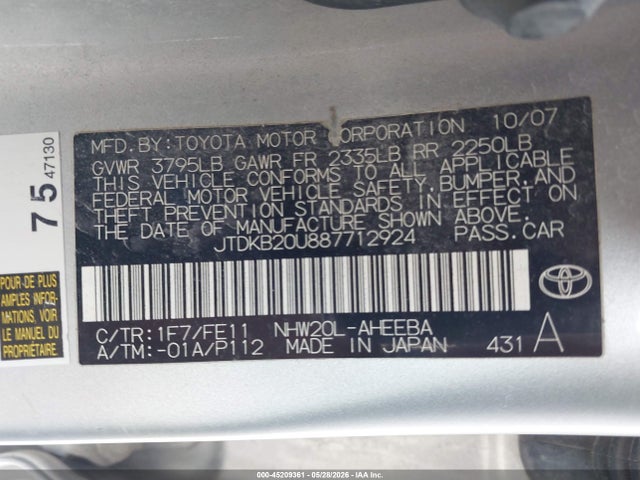 45209361 :رقم المزاد ، JTDKB20U887712924 vin ، 2008 Toyota Prius مزاد بيع