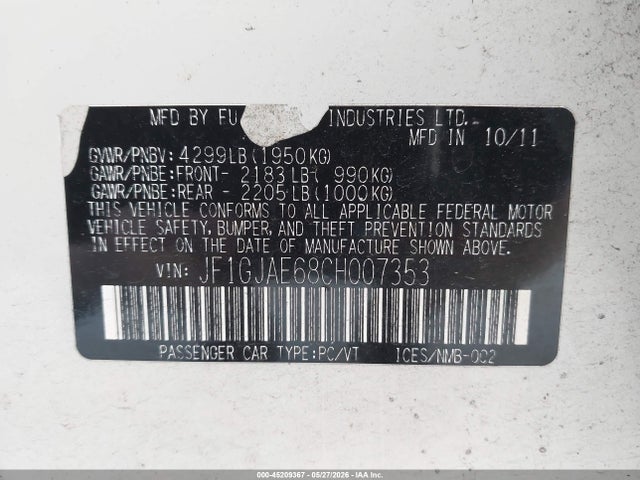Aukcja sprzedaży 2012 Subaru Impreza 2.0i Premium, vin: JF1GJAE68CH007353, numer aukcji: 45209367