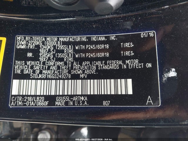 Aukcja sprzedaży 2016 Toyota Highlander Xle V6, vin: 5TDJKRFH6GS249278, numer aukcji: 45209372