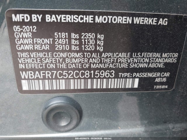 Продаж на аукціоні авто 2012 Bmw 535i, vin: WBAFR7C52CC815963, номер лоту: 45209375