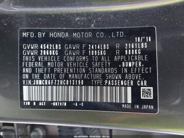 JHMCR6F72HC013190 Honda Accord Hybrid Touring