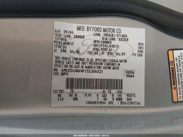 45209390 :رقم المزاد ، 4M2DU86W15ZJ06521 vin ، 2005 Mercury Mountaineer مزاد بيع