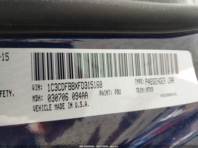2015 Dodge Dart Sxt მანქანა იყიდება აუქციონზე, vin: 1C3CDFBBXFD315168, აუქციონის ნომერი: 45209392