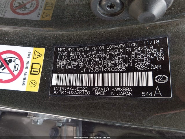 Aukcja sprzedaży 2019 Lexus Ux 200, vin: JTHY3JBH1K2005328, numer aukcji: 45209404