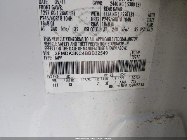 Aukcja sprzedaży 2011 Ford Edge Limited, vin: 2FMDK3KC4BBB32549, numer aukcji: 45209415