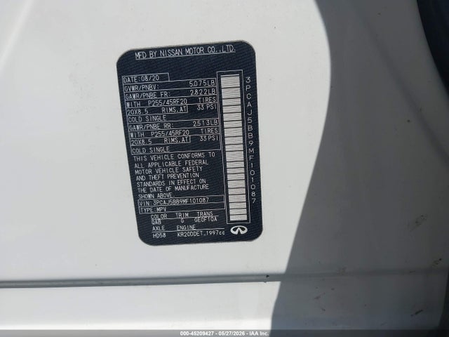 Aukcja sprzedaży 2021 Infiniti Qx50 Luxe Awd, vin: 3PCAJ5BB9MF101087, numer aukcji: 45209427