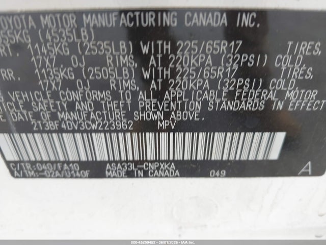 Продажа на аукционе авто 2012 Toyota Rav4, vin: 2T3BF4DV3CW223962, номер лота: 45209452