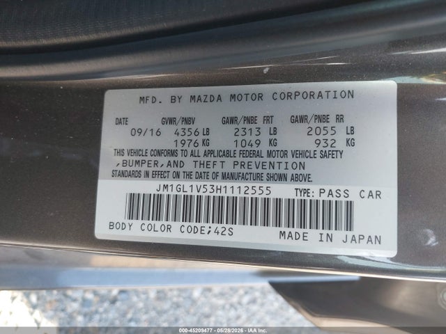 Aukcja sprzedaży 2017 Mazda Mazda6 Touring, vin: JM1GL1V53H1112555, numer aukcji: 45209477