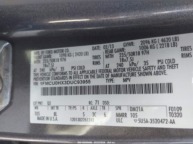 Aukcja sprzedaży 2013 Ford Escape Sel, vin: 1FMCU0HX3DUC93955, numer aukcji: 45209480
