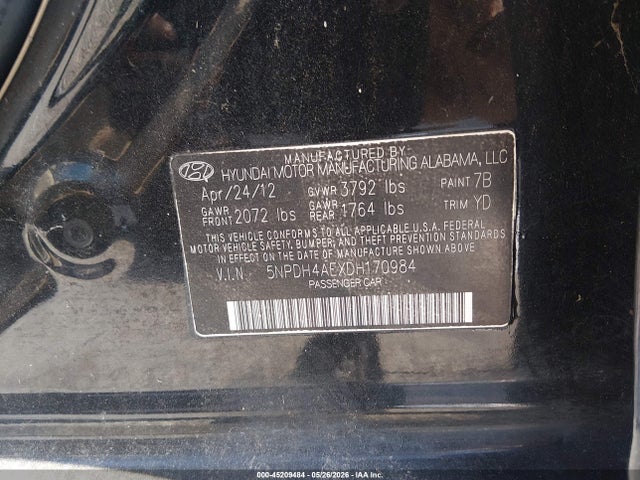 2013 Hyundai Elantra Gls მანქანა იყიდება აუქციონზე, vin: 5NPDH4AEXDH170984, აუქციონის ნომერი: 45209484
