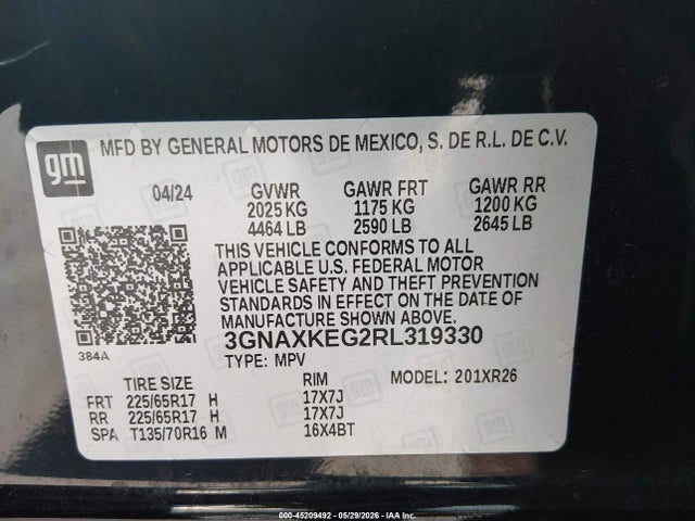 45209492 :رقم المزاد ، 3GNAXKEG2RL319330 vin ، 2024 Chevrolet Equinox Fwd Lt مزاد بيع