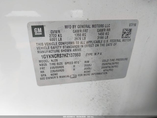 1GYKNCRS7HZ137860 Cadillac Xt5 Premium Luxury