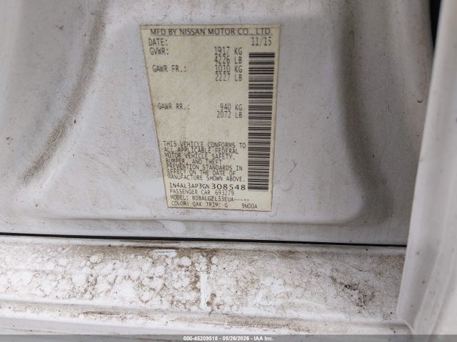 45209518 :رقم المزاد ، 1N4AL3AP3GN308548 vin ، 2016 Nissan Altima 2.5/2.5 S/2.5 Sl/2.5 Sr/2.5 Sv مزاد بيع