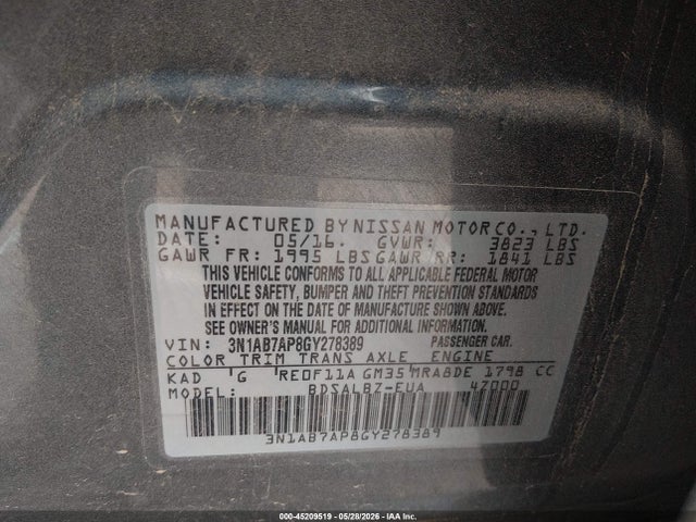 Продаж на аукціоні авто 2016 Nissan Sentra Fe+ S/s/sl/sr/sv, vin: 3N1AB7AP8GY278389, номер лоту: 45209519
