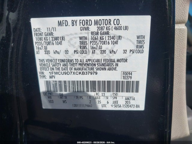 Продажа на аукционе авто 2012 Ford Escape Xlt, vin: 1FMCU9D7XCKB37979, номер лота: 45209523
