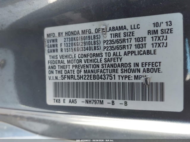 Aukcja sprzedaży 2014 Honda Odyssey Lx, vin: 5FNRL5H22EB043751, numer aukcji: 45209532