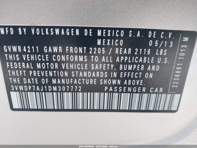 Aukcja sprzedaży 2013 Volkswagen Jetta 2.5l Se, vin: 3VWDP7AJ1DM307772, numer aukcji: 45209552