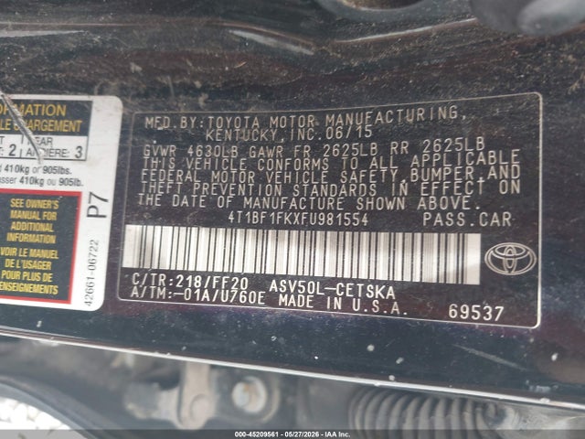 Aukcja sprzedaży 2015 Toyota Camry Se, vin: 4T1BF1FKXFU981554, numer aukcji: 45209561