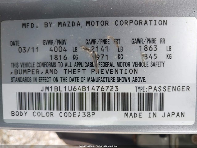 Продаж на аукціоні авто 2011 Mazda Mazda3 S Sport, vin: JM1BL1U64B1476723, номер лоту: 45209581