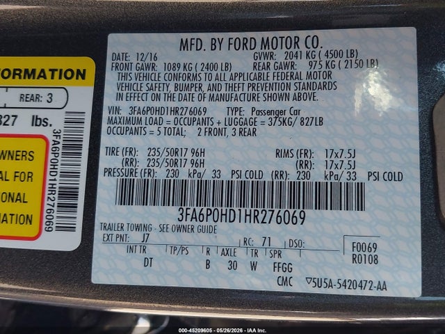 45209605 :رقم المزاد ، 3FA6P0HD1HR276069 vin ، 2017 Ford Fusion Se مزاد بيع