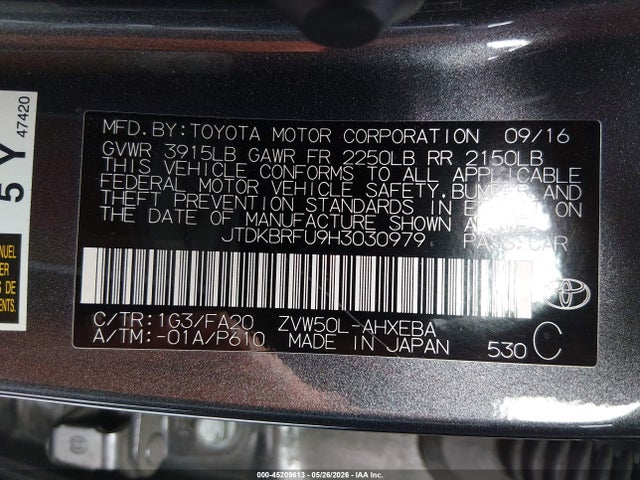 Toyota Prius Two 2017 JTDKBRFU9H3030979 Image 9